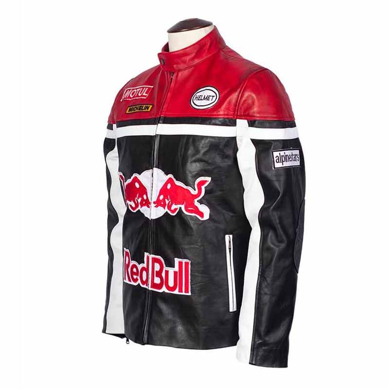 Unisex Black Genuine Leather Racing Jacket with Vintage Motorsport Embroidered Style