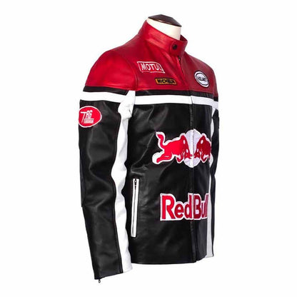 Unisex Black Genuine Leather Racing Jacket with Vintage Motorsport Embroidered Style