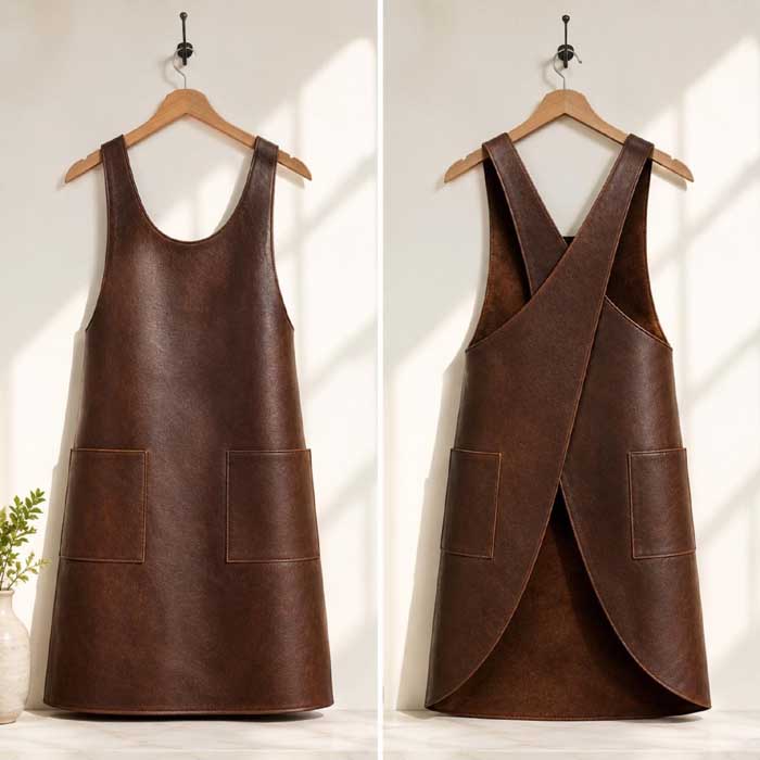 Handmade full grain leather workshop apron in walnut brown