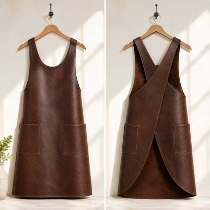 Handmade full grain leather workshop apron in walnut brown