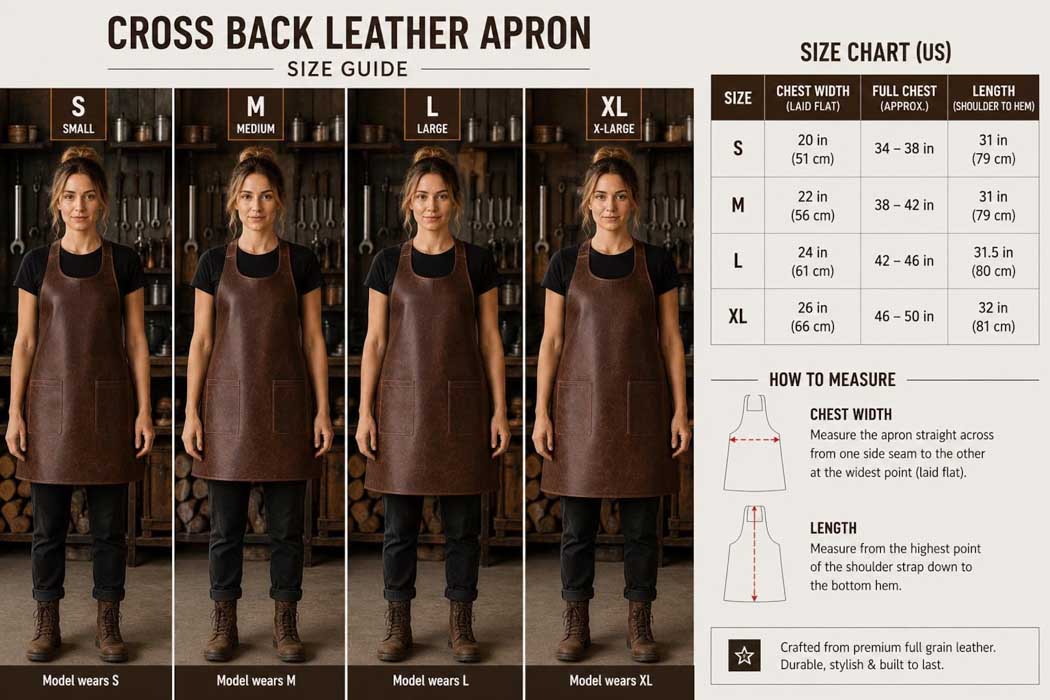 Japanese-style cross-back leather apron with round neck