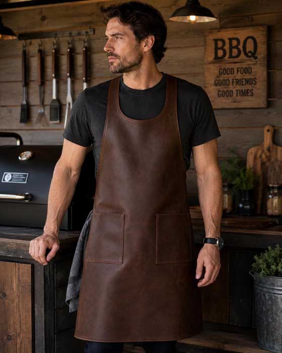 Dark brown full grain cow leather apron with Japanese-style cross-back design