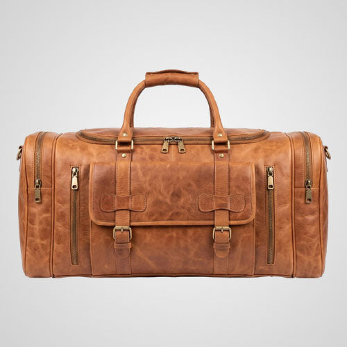 Genuine leather travel duffel bag in tan vintage brown
