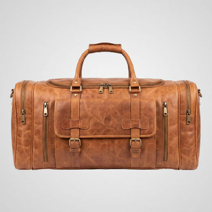 Genuine leather travel duffel bag in tan vintage brown