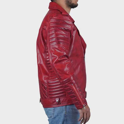 Premium slim fit red leather jacket with soft inner lining for all season wear