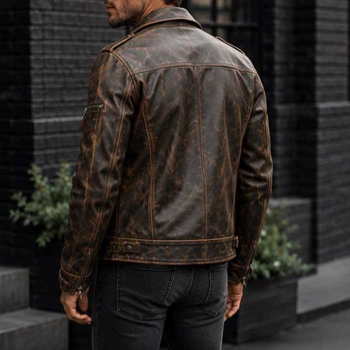 Vintage biker leather coat with smooth zipper closure and rugged styling