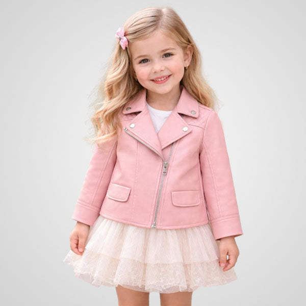 Pink sheepskin leather jacket for girls with lapel collar