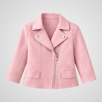 Girls pink leather biker jacket with front flap pockets