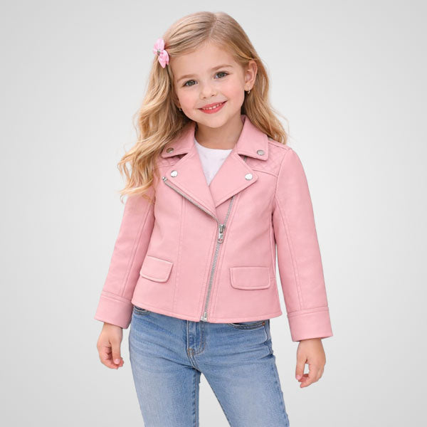 Girls pink real leather biker jacket in sheepskin