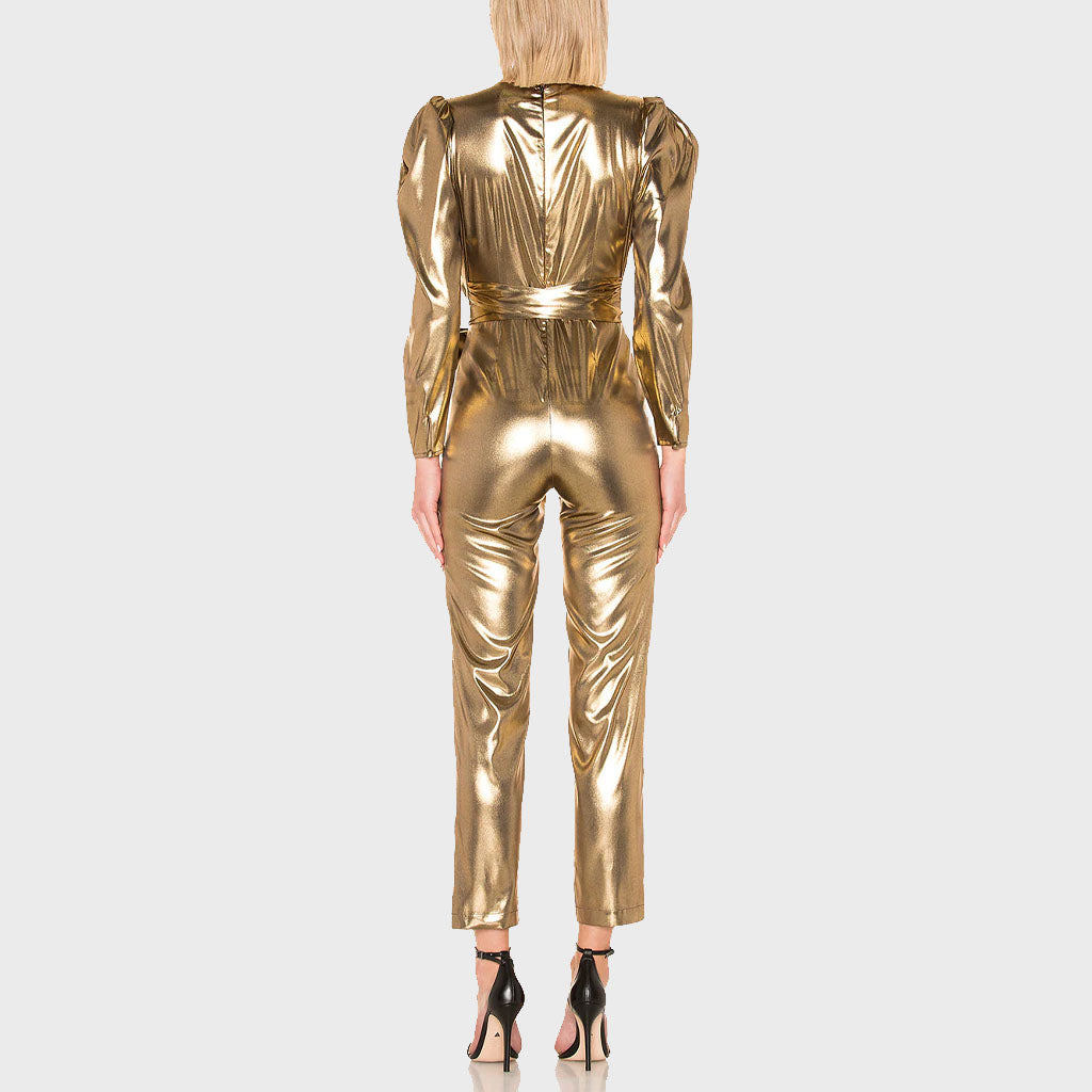 Gold Metallic Faux Leather Christmas Jumpsuit for Women