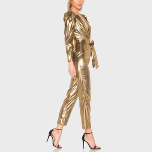 Gold Metallic Faux Leather Christmas Jumpsuit for Women