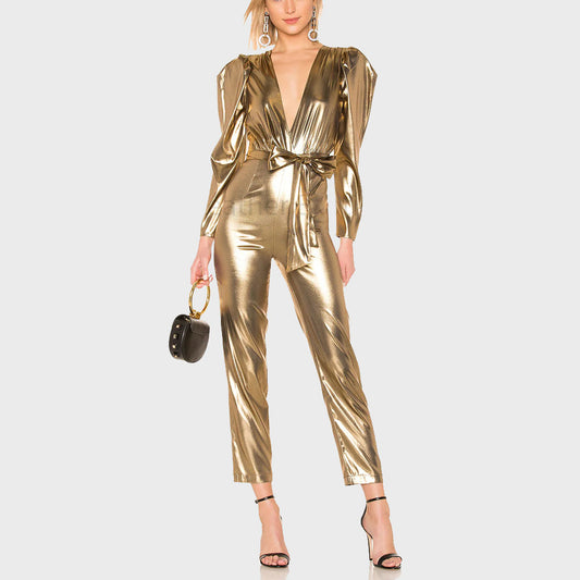 Gold Metallic Faux Leather Christmas Jumpsuit for Women - Fashion Leather Jackets USA - 3AMOTO