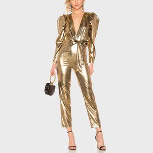 Gold Metallic Faux Leather Christmas Jumpsuit for Women