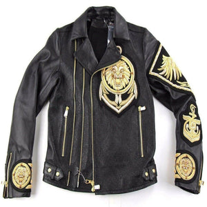 Golden Black Lion Embroidered Leather Jacket