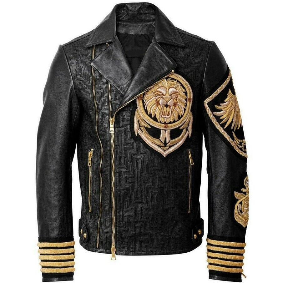 Golden Black Lion Embroidered Leather Jacket