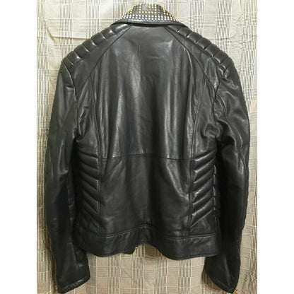 Golden Silver Studded Black Leather Jacket