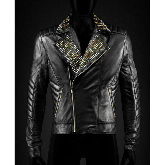 Golden Silver Studded Black Leather Jacket - Versace - 3amoto shop