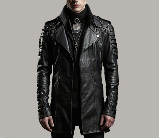 Gothic Steampunk Leather Men Coat Black - 3amoto shop