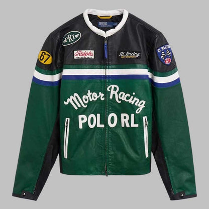 green black racing leather biker jacket for men