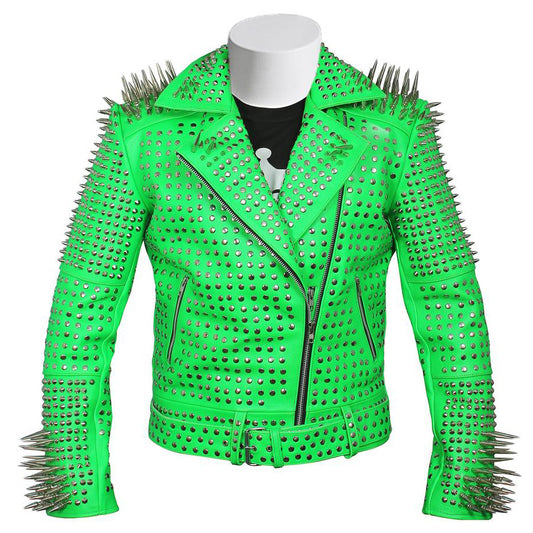 Green Studded Steam Punk Leather Biker Jacket - 3amoto shop