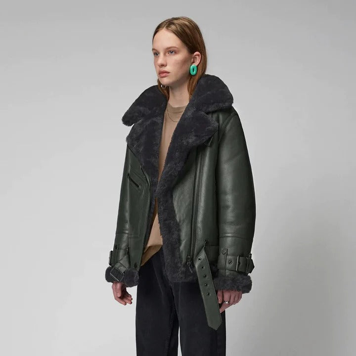 Green Women's Shearling Leather Jacket