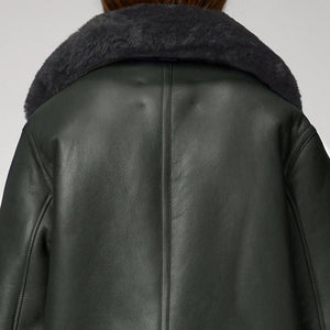 Women Green RAF Aviator Styled Lambskin Black Shearling Leather Jacket