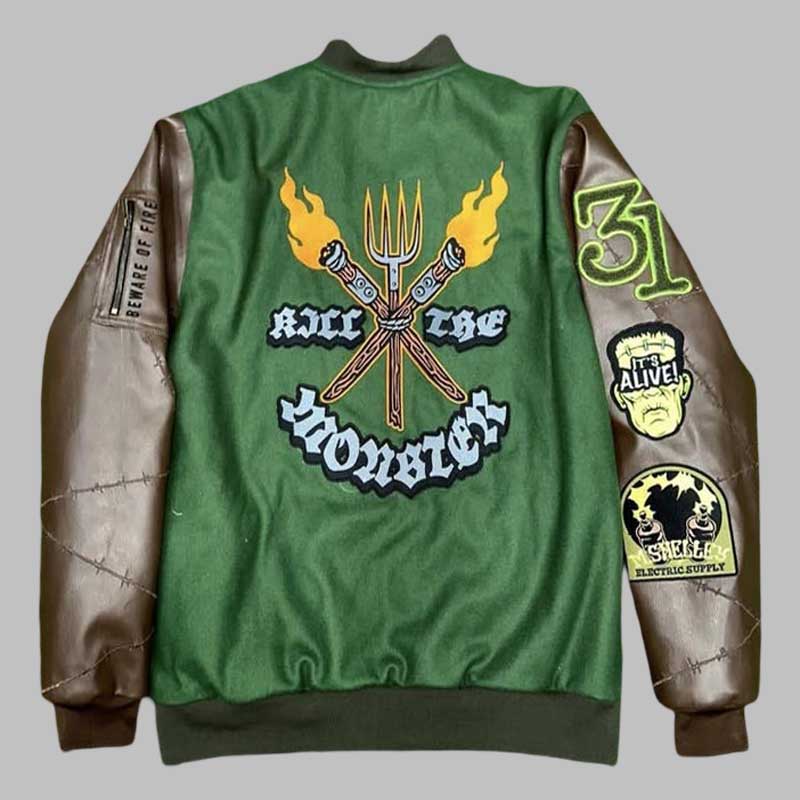 green wool Frankenstein varsity jacket with brown leather sleeve