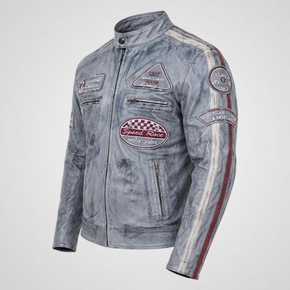 grey leather motorcycle jacket with racing patches