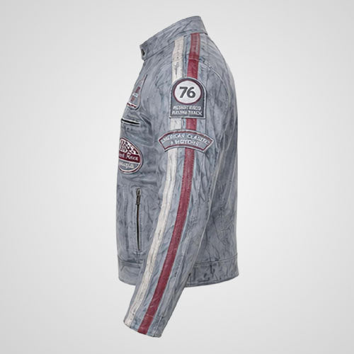 Distressed grey leather biker jacket with shoulder and sleeve stripes