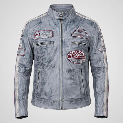 Men’s grey distressed leather racing jacket with vintage moto styling