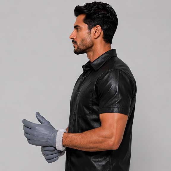 Grey leather winter glove with soft faux fur lining