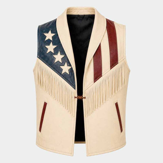 Handmade American Flag leather vest for men with Western fringe detailing - 3amoto shop