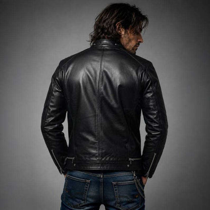 Handmade Black Cowhide Leather Rocker Jacket - Multi-Zipper Biker Moto Coat