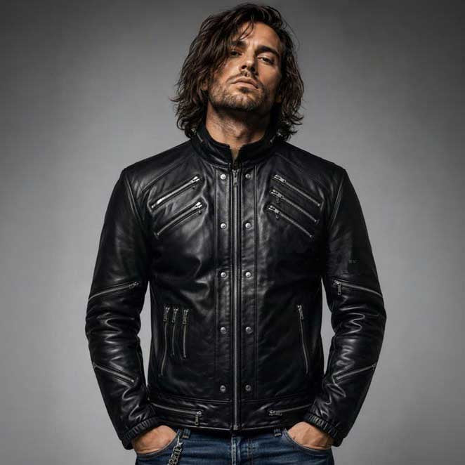 Handmade Black Cowhide Leather Rocker Jacket - Multi-Zipper Biker Moto Coat