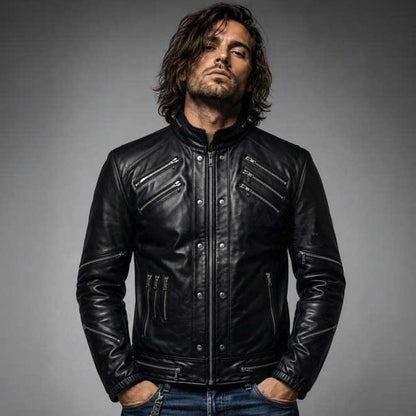 Handmade Black Cowhide Leather Rocker Jacket - Multi-Zipper Biker Moto Coat