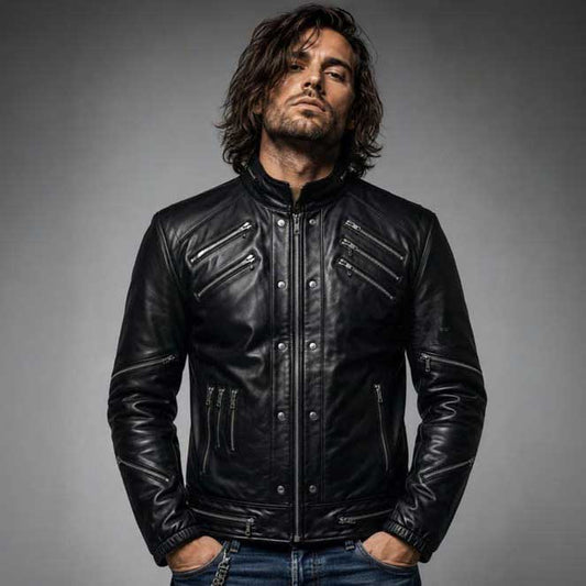 Handmade Black Cowhide Leather Rocker Jacket - Multi-Zipper Biker Moto Coat - 3amoto shop