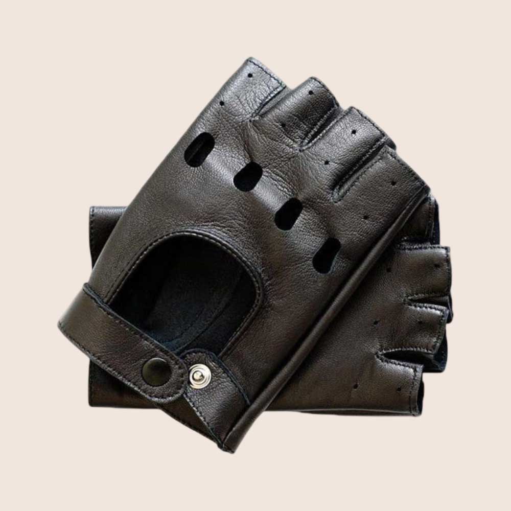 Handmade Black Leather Fingerless Driving Gloves for Men and Women