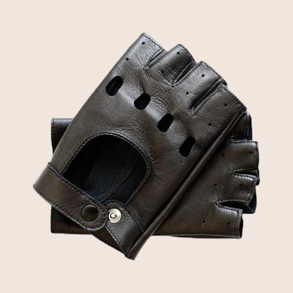 Handmade Black Leather Fingerless Driving Gloves for Men and Women