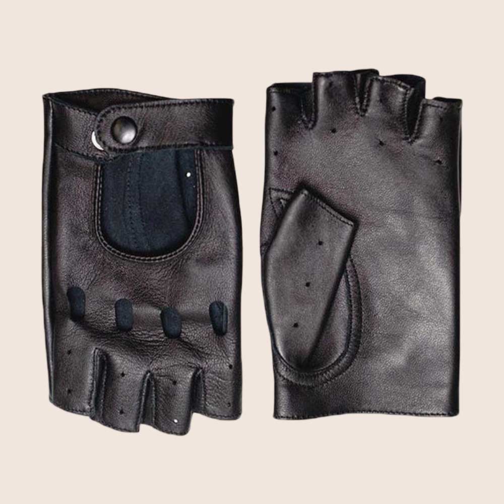 Handmade Black Leather Fingerless Driving Gloves for Men and Women