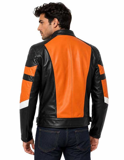 Premium genuine leather motorcycle jacket in black and orange with YKK zipper