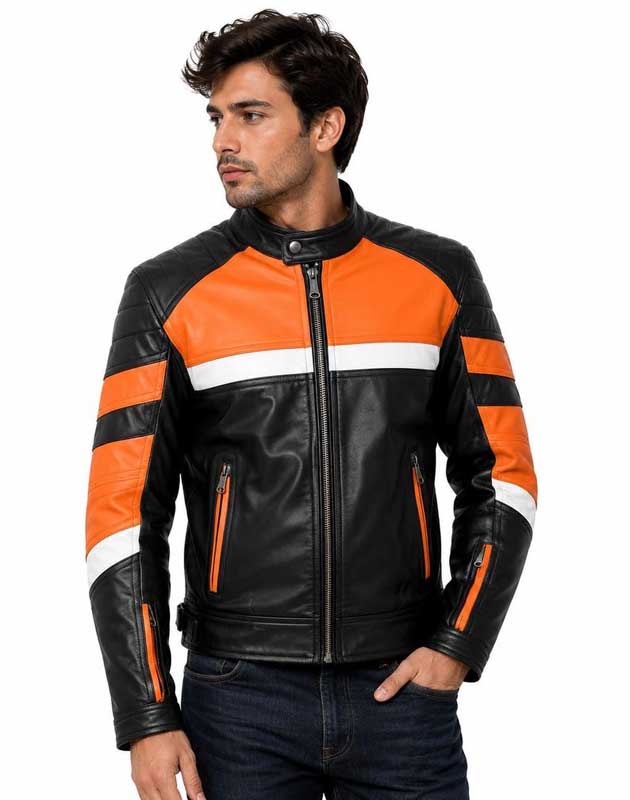 Handmade black and orange leather biker motorcycle jacket by 3AMOTO