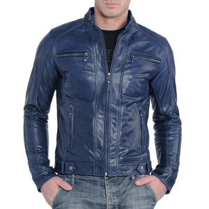 Handmade Blue Leather Biker Jacket