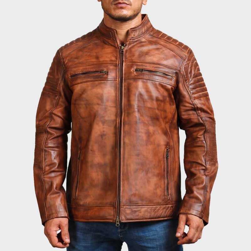 Front view of handmade distressed brown cowhide leather cafe racer jacket for men