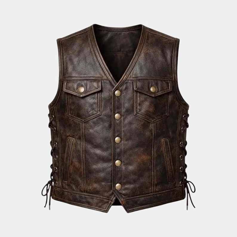 Handmade men's genuine cowhide leather biker vest with vintage motorcycle style