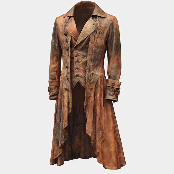 Handmade Distressed Brown Leather Steampunk Tailcoat with Gothic Pirate Style for Men