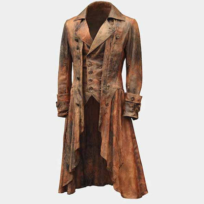 Handmade Distressed Brown Leather Steampunk Tailcoat with Gothic Pirate Style for Men