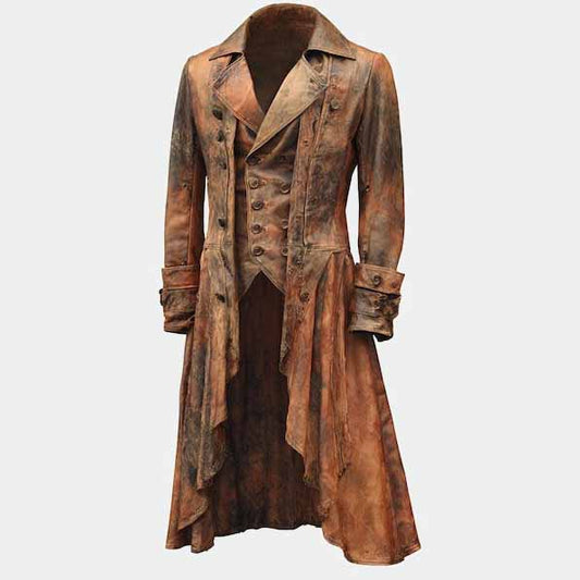 Handmade Distressed Brown Leather Steampunk Tailcoat with Gothic Pirate Style for Men - 3amoto shop