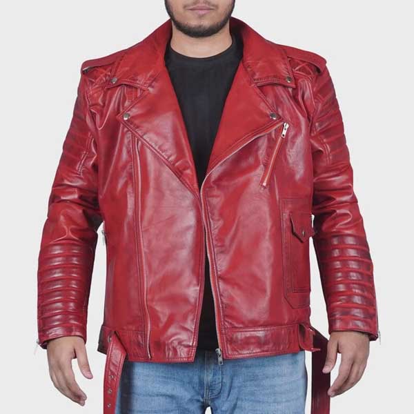 Genuine red motorcycle jacket with snap tab moto collar and slim fit style