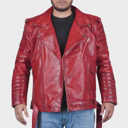 Genuine red motorcycle jacket with snap tab moto collar and slim fit style