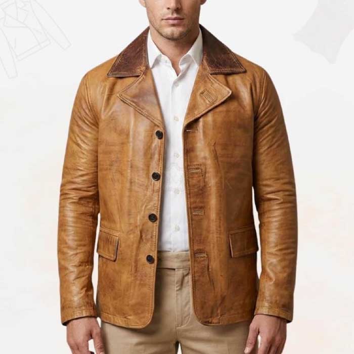 Vintage cowboy-inspired genuine leather blazer in earthy brown